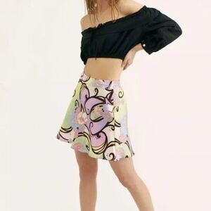 NWT FREE PEOPLE Phoebe Neon Green Pink Retro 70s Silky A-Line Mini Skirt Size 6
